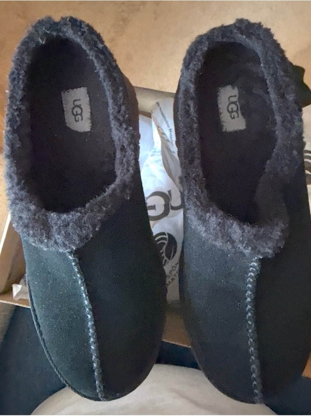UGG Black Suede Cozy Shearling Slip-Ons